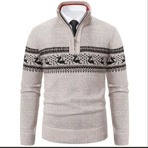 SHEIN Cream and Black Zip‎ Up Sweater with Nordic Pattern
